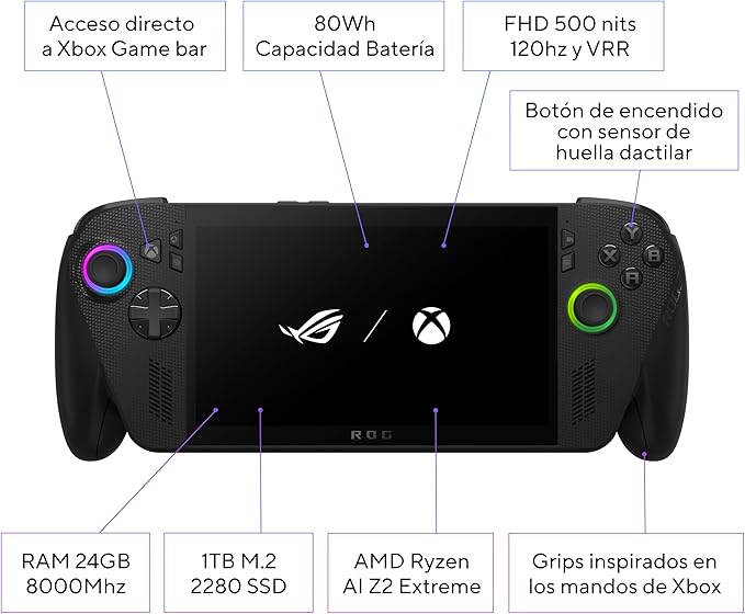 ASUS ROG Xbox Ally X - Consola Portátil Gaming 7" Full HD 120Hz (AMD Ryzen AI Z2 Extreme, 24GB RAM, 1TB SSD, Batería 80Wh, Windows 11, Consigue 3 meses gratis de Game Pass Premium) - Color Negro
