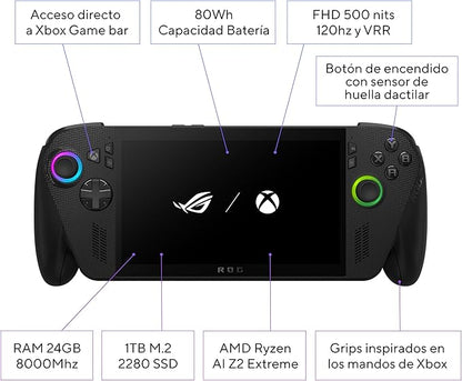 ASUS ROG Xbox Ally X - Consola Portátil Gaming 7" Full HD 120Hz (AMD Ryzen AI Z2 Extreme, 24GB RAM, 1TB SSD, Batería 80Wh, Windows 11, Consigue 3 meses gratis de Game Pass Premium) - Color Negro