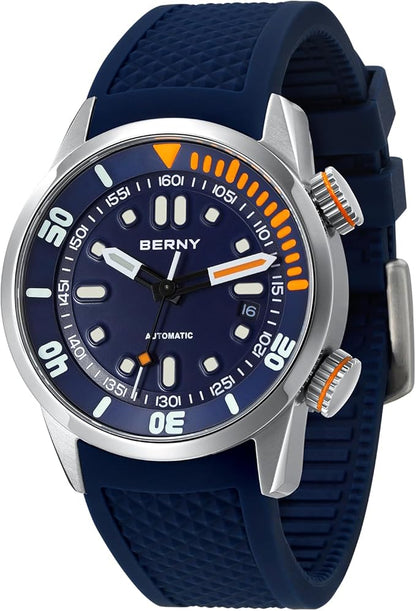 BERNY Reloj De Buceo Hombres 20ATM Movimiento Automático Reloj De Pulsera con Cristal De Zafiro Correa De Silicona Cómoda Super Luminoso