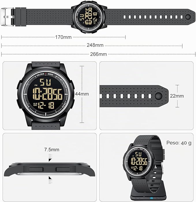 GOLDEN HOUR Relojes Digitales Impermeables Deportivos Ultrafinos para Hombre con Pantalla Gran Angular Correa de Caucho Reloj de Pulsera para Hombre Mujer