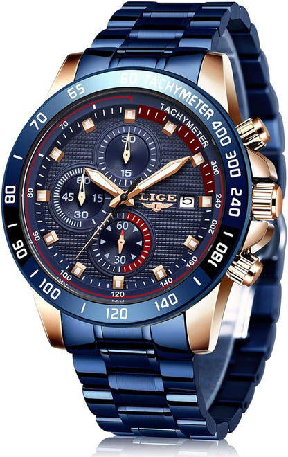LIGE Reloj para Hombre Cronógrafo Correa de Acero Inoxidable Impermeable Deportivo Negocio Casual Reloj para Caballero