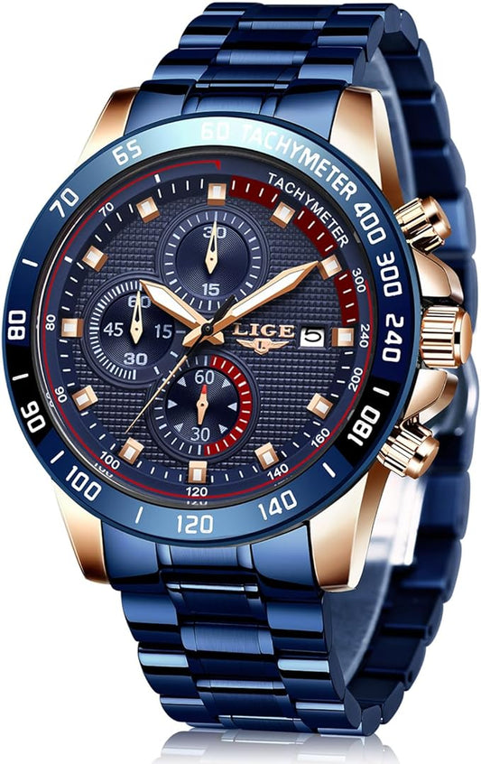 LIGE Reloj para Hombre Cronógrafo Correa de Acero Inoxidable Impermeable Deportivo Negocio Casual Reloj para Caballero