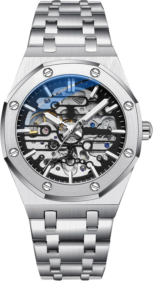RORIOS Relojes Hombre Mecánico Automático Reloj de Pulsera Dial Esqueleto Relojes con Correa de Acero Inoxidable Luminoso Reloj