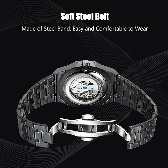 RORIOS Relojes Hombre Mecánico Automático Reloj de Pulsera Dial Esqueleto Relojes con Correa de Acero Inoxidable Luminoso Reloj
