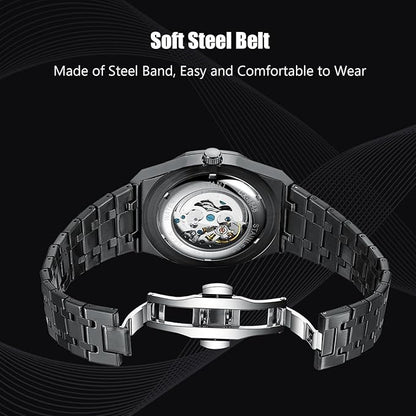 RORIOS Relojes Hombre Mecánico Automático Reloj de Pulsera Dial Esqueleto Relojes con Correa de Acero Inoxidable Luminoso Reloj