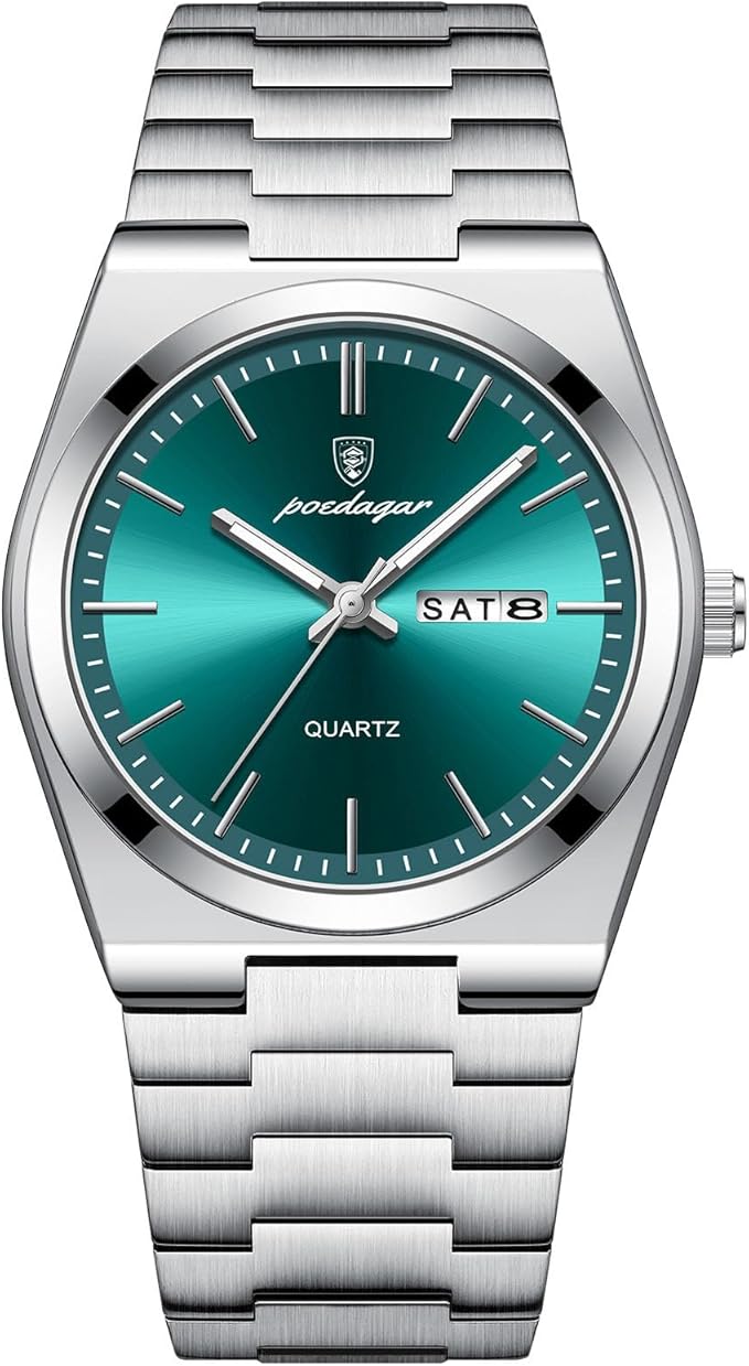 Poedagar Reloj de pulsera de cuarzo para hombre, impermeable, luminoso, fecha, semana, hombre, moda, negocios, clásico, acero inoxidable, reloj para hombre