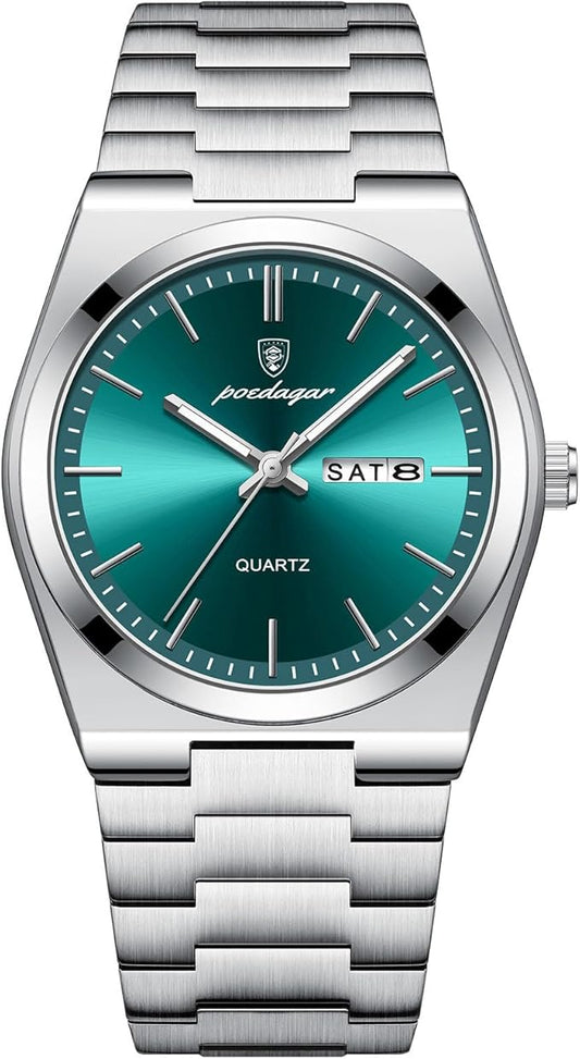 Poedagar Reloj de pulsera de cuarzo para hombre, impermeable, luminoso, fecha, semana, hombre, moda, negocios, clásico, acero inoxidable, reloj para hombre