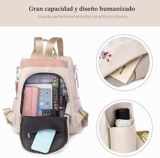 FANDARE Bolsos Mochila Mujer Bolsa de Hombro Bandolera Antirrobo Bolso Mochilas Tipo Casual Niña Bolsas Escolares Señoras Daypacks para Outdoor Viaje Commute Trabaja Impermeable Poliéster