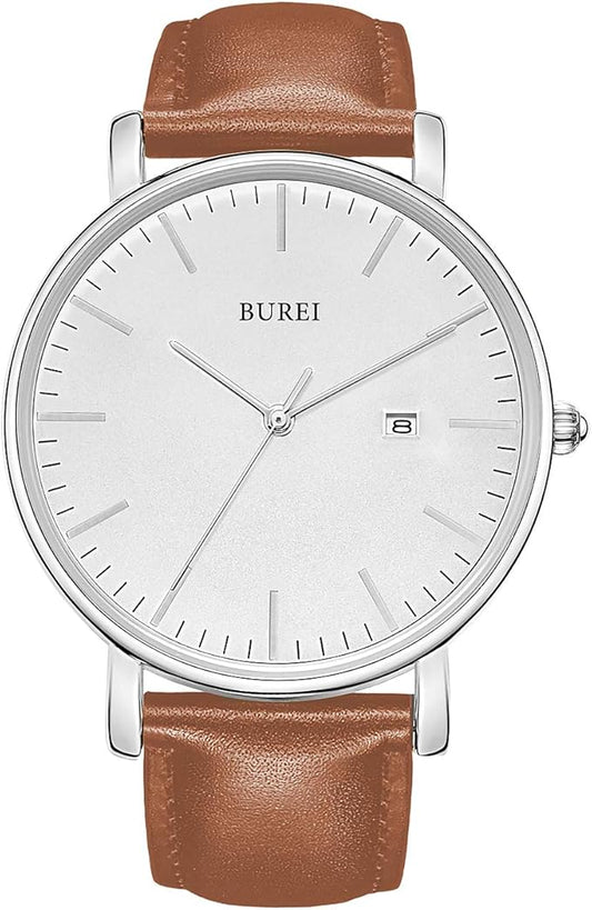 BUREI Reloj de Pulsera Minimalista analógico con Fecha y Correa de Piel para Hombre