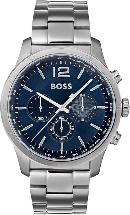 BOSS Reloj Cronógrafo de Cuarzo para Hombre de 44 mm Colección The Professional con Esfera Azul, Pulsera de Acero Inoxidable Plateado, 3 Subesferas, Resistencia al Agua 3ATM - 1513527