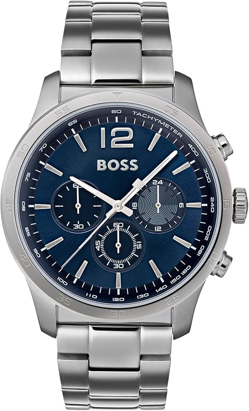 BOSS Reloj Cronógrafo de Cuarzo para Hombre de 44 mm Colección The Professional con Esfera Azul, Pulsera de Acero Inoxidable Plateado, 3 Subesferas, Resistencia al Agua 3ATM - 1513527
