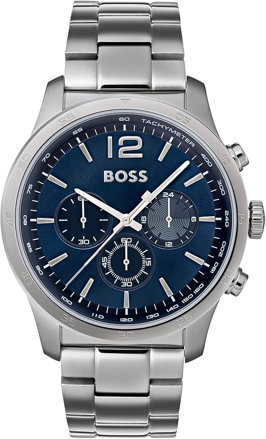 BOSS Reloj Cronógrafo de Cuarzo para Hombre de 44 mm Colección The Professional con Esfera Azul, Pulsera de Acero Inoxidable Plateado, 3 Subesferas, Resistencia al Agua 3ATM - 1513527