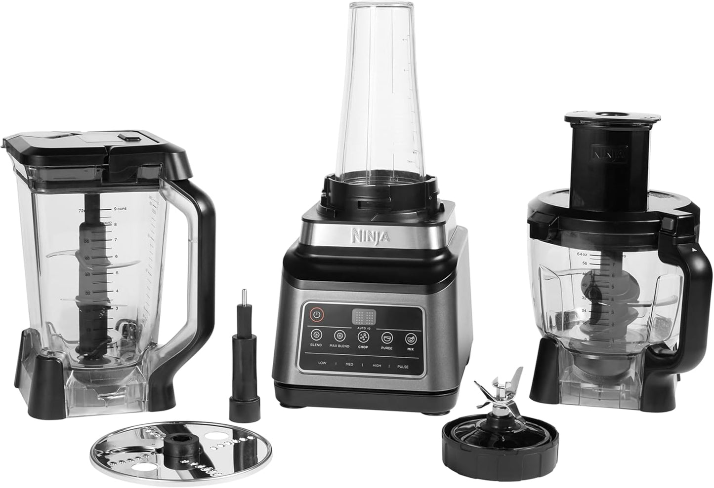 Ninja Procesador de alimentos 3 en 1, 1200 W, batidora multifunción, 5 programas automáticos, bol 1,8 l, jarra 2,1 l, vaso 700 ml, tecnología Auto-iQ, piezas aptas para lavavajillas, Negro, BN800EU
