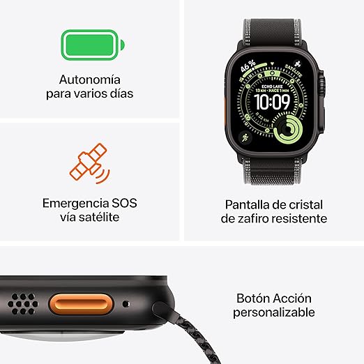 Apple Watch Ultra 3 GPS + Cellular, Reloj prémium para Running y Multideporte con Caja de Titanio Resistente de 49 mm y Correa Ocean Negra. Monitores avanzados de Salud