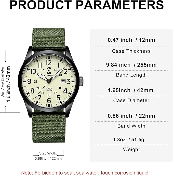 LN LENQIN Reloj Hombre Militar Relojes Analógicos Cuarzo para Hombres Reloj de Campo Luminoso Impermeables Deportivo Táctico Relojes de Pulsera con Fecha y Correa de Nailon