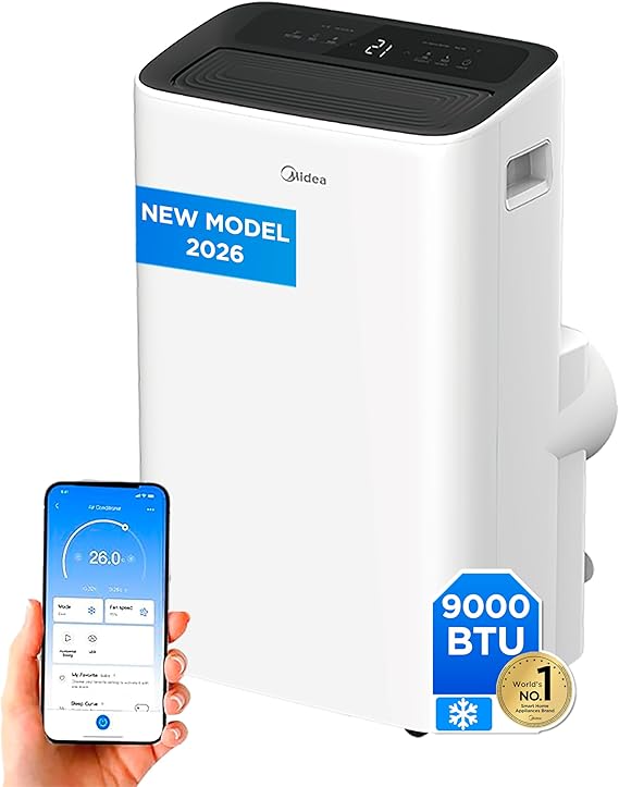 MIDEA Pingüino Aire Acondicionado Portátil 4 en 1 | 2250 Frigorías/9.000 BTU con Control por App | Climatizador y Deshumidificador hasta 25m2 - Modo Sleep, Mando a Distancia | Incluye kit de ventana [Clase de eficiencia energética A]