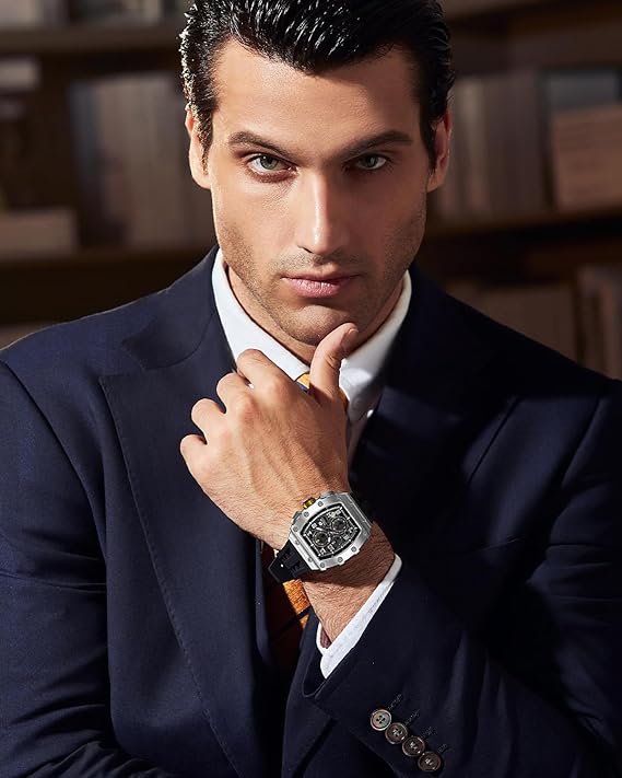 TSAR BOMBA Relojes Cuarzo Hombre Tonel Lujo Reloj de Pulsera Cristal Zafiro Movimiento Japonés Impermeables 50M Luminoso Fecha Esqueleto Cuadrados Analogico Deportivo Cronógrafo Reloj de Hombre