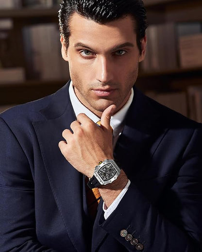TSAR BOMBA Relojes Cuarzo Hombre Tonel Lujo Reloj de Pulsera Cristal Zafiro Movimiento Japonés Impermeables 50M Luminoso Fecha Esqueleto Cuadrados Analogico Deportivo Cronógrafo Reloj de Hombre