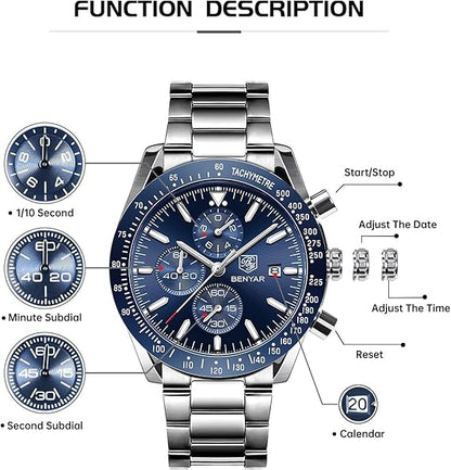 BENYAR by Relojes Hombre Cronografo Analógico Impermeable Luminoso Fecha Reloj Pulsera Hombre Negocios Casual Diseñador Relojes Elegante Regalo para Hombre