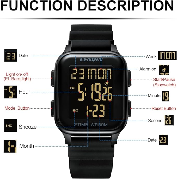 LN LENQIN Reloj Hombres Relojes Digitales para Hombres 50m Relojes Deportivos Impermeables Relojes de Muñeca para Hombres con Luz de Fondo/Temporizador/Alarma/Fecha LED