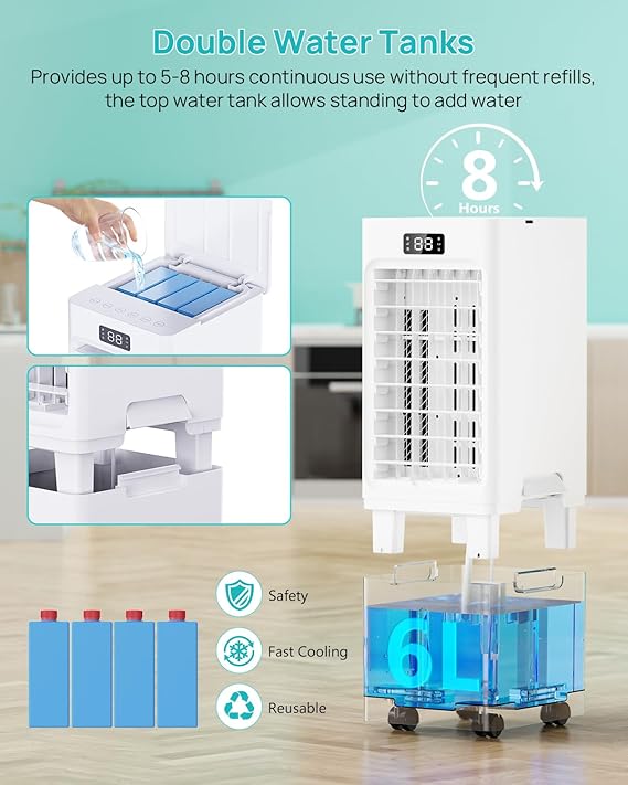Aire Acondicionado Portatil 4 en 1, Enfriador de Aire con 4 Modos & 3 Velocidades, Temporizador 1-12H, Oscilación,Tanque de 6L, 4 Packs de Hielo, Control Remoto, Silencioso, para Oficina Hogar