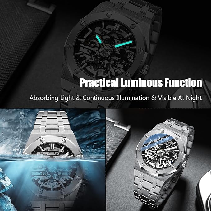RORIOS Relojes Hombre Mecánico Automático Reloj de Pulsera Dial Esqueleto Relojes con Correa de Acero Inoxidable Luminoso Reloj
