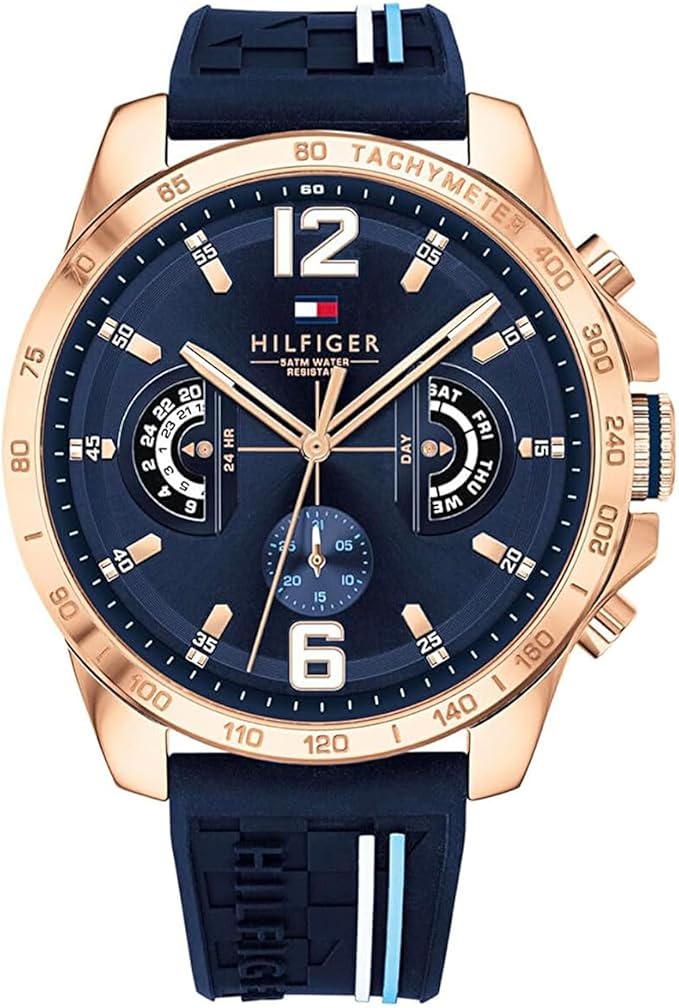 Tommy Hilfiger Reloj Analógico Multifuncional de Cuarzo para Hombres con Correa de Silicona, Acero Inoxidable o Cuero, Subesferas para Día y Fecha, Resistente al Agua hasta 5ATM.