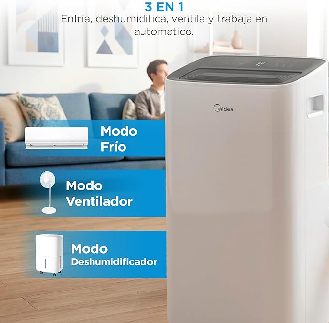 MIDEA Pingüino Aire Acondicionado Portátil 4 en 1 | 2250 Frigorías/9.000 BTU con Control por App | Climatizador y Deshumidificador hasta 25m2 - Modo Sleep, Mando a Distancia | Incluye kit de ventana [Clase de eficiencia energética A]