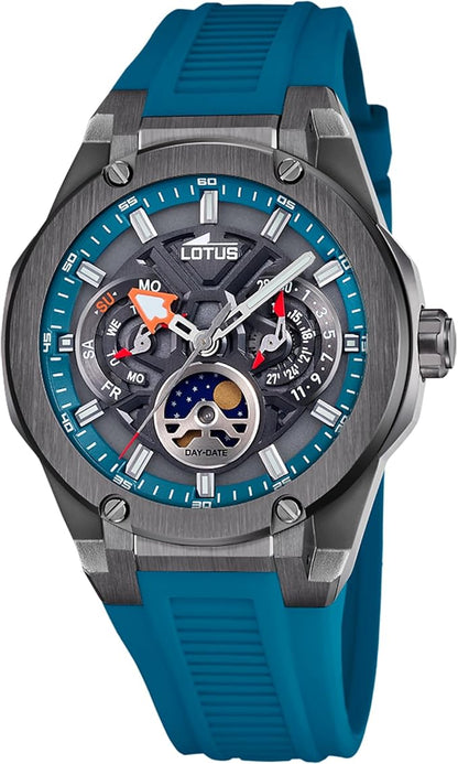 LOTUS Reloj Analógico Hombre con Fase Lunar de Caucho Azul - Movimiento de Cuarzo - Calendario - Cristal Mineral de Alta Resistencia - Resistente al Agua 10 ATM - Multifunción 18946/2 Vortex