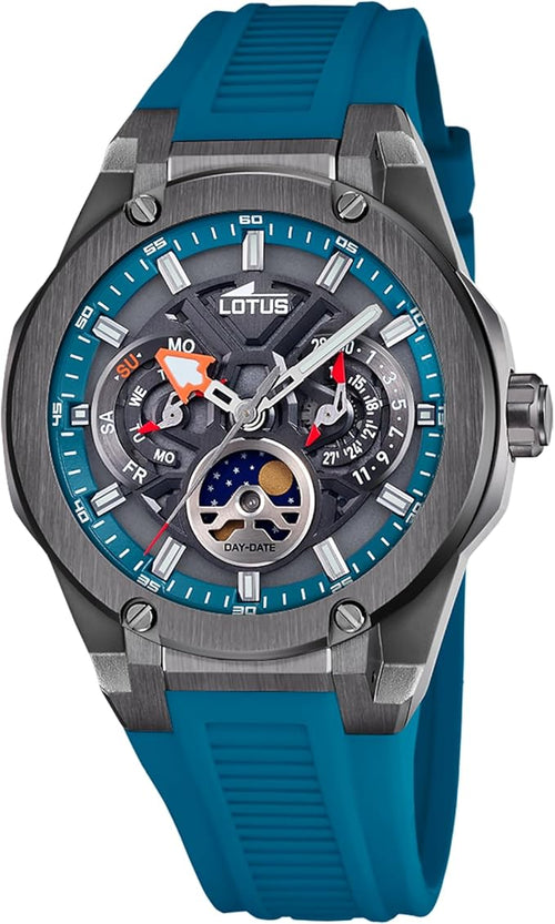 LOTUS Reloj Analógico Hombre con Fase Lunar de Caucho Azul - Movimiento de Cuarzo - Calendario - Cristal Mineral de Alta Resistencia - Resistente al Agua 10 ATM - Multifunción 18946/2 Vortex