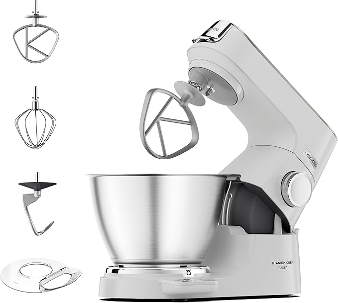 Kenwood Titanium Chef Baker KVC65.001WH - Robot de cocina con báscula integrada (1200 W, incluye 3 utensilios de pastelería, espátula y protector contra salpicaduras), color blanco