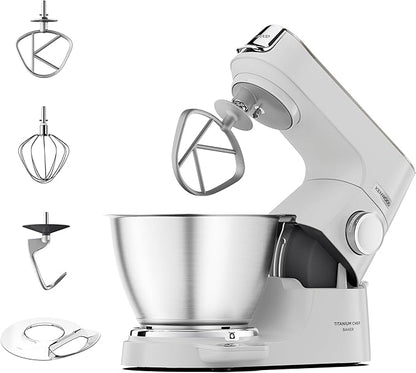 Kenwood Titanium Chef Baker KVC65.001WH - Robot de cocina con báscula integrada (1200 W, incluye 3 utensilios de pastelería, espátula y protector contra salpicaduras), color blanco