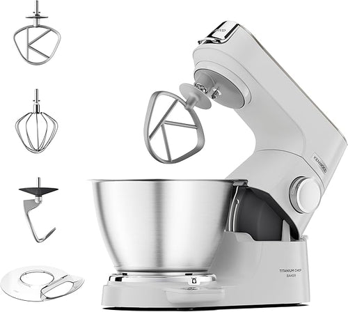 Kenwood Titanium Chef Baker KVC65.001WH - Robot de cocina con báscula integrada (1200 W, incluye 3 utensilios de pastelería, espátula y protector contra salpicaduras), color blanco