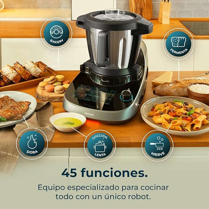 Cecotec Robot de Cocina Multifunción con Dispensador de Alimentos Mambo CooKing Total Gourmet. 2200W, 45 Funciones, Miles de Recetas Guiadas, Jarra Unique de 4,5L y Jarra Victory de 5L, Accesorios