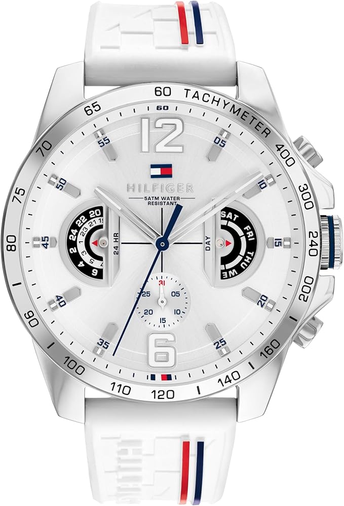 Tommy Hilfiger Reloj Analógico Multifuncional de Cuarzo para Hombres con Correa de Silicona, Acero Inoxidable o Cuero, Subesferas para Día y Fecha, Resistente al Agua hasta 5ATM.