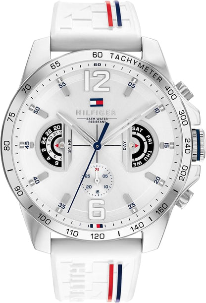 Tommy Hilfiger Reloj Analógico Multifuncional de Cuarzo para Hombres con Correa de Silicona, Acero Inoxidable o Cuero, Subesferas para Día y Fecha, Resistente al Agua hasta 5ATM.