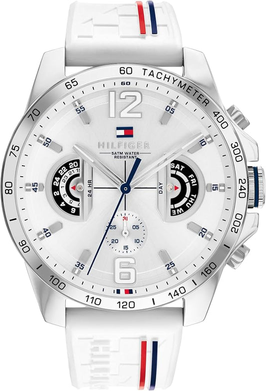 Tommy Hilfiger Reloj Analógico Multifuncional de Cuarzo para Hombres con Correa de Silicona, Acero Inoxidable o Cuero, Subesferas para Día y Fecha, Resistente al Agua hasta 5ATM.