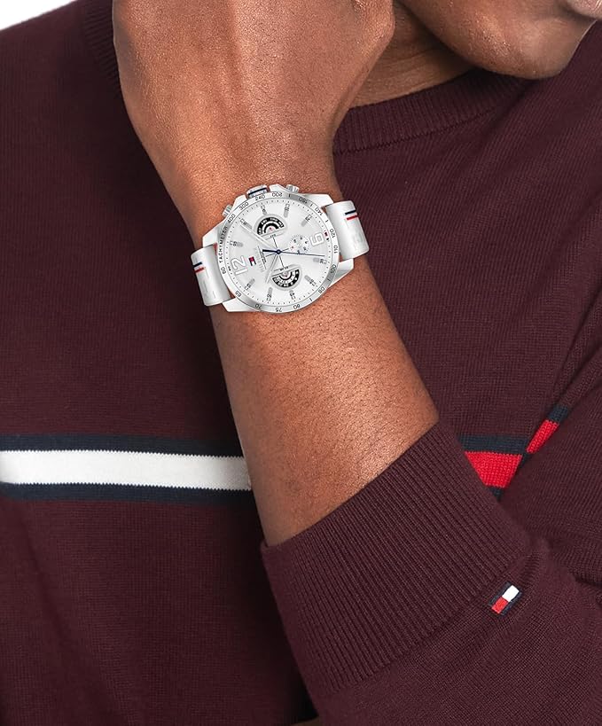 Tommy Hilfiger Reloj Analógico Multifuncional de Cuarzo para Hombres con Correa de Silicona, Acero Inoxidable o Cuero, Subesferas para Día y Fecha, Resistente al Agua hasta 5ATM.