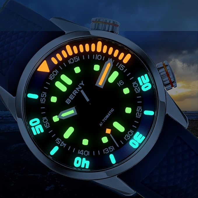 BERNY Reloj De Buceo Hombres 20ATM Movimiento Automático Reloj De Pulsera con Cristal De Zafiro Correa De Silicona Cómoda Super Luminoso