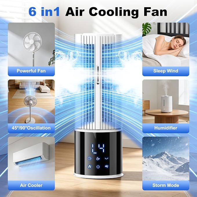 Aire acondicionado portátil 6en1, ventilador 3 velocidades Modo Tormenta, Viento del sueño, Función de niebla y temporizador, Oscilación de 45°/90° perfecto para familia, oficina (Blanco roto) [Clase de eficiencia energética A]