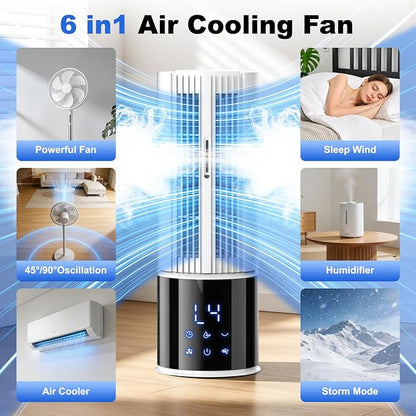 Aire acondicionado portátil 6en1, ventilador 3 velocidades Modo Tormenta, Viento del sueño, Función de niebla y temporizador, Oscilación de 45°/90° perfecto para familia, oficina (Blanco roto) [Clase de eficiencia energética A]