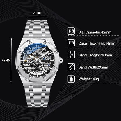 RORIOS Relojes Hombre Mecánico Automático Reloj de Pulsera Dial Esqueleto Relojes con Correa de Acero Inoxidable Luminoso Reloj