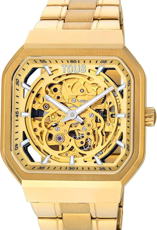 TOUS Reloj Analógico Automático con Brazalete IP Dorado y Engranaje Acero, Silueta Oso, Funciones Horas y Minutos, Impermeable a 3 ATM, Colección D-Bear