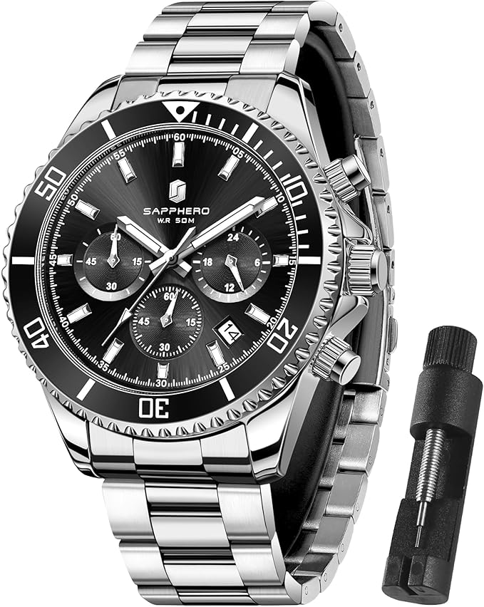 SAPPHERO Reloj Hombre Cronografo Analógico Movimiento de Cuarzo 50M Impermeable Relojes para Hombre Banda de Acero Inoxidable Clásico Casual Diseñador Relojes Elegante Regalo para Hombre