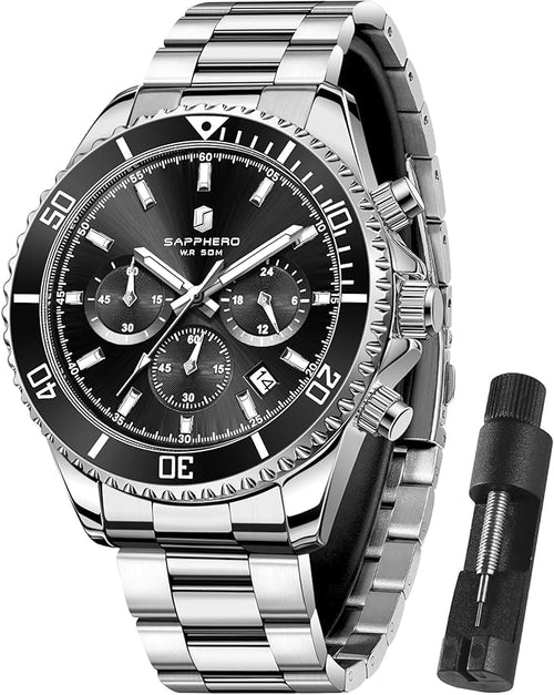 SAPPHERO Reloj Hombre Cronografo Analógico Movimiento de Cuarzo 50M Impermeable Relojes para Hombre Banda de Acero Inoxidable Clásico Casual Diseñador Relojes Elegante Regalo para Hombre