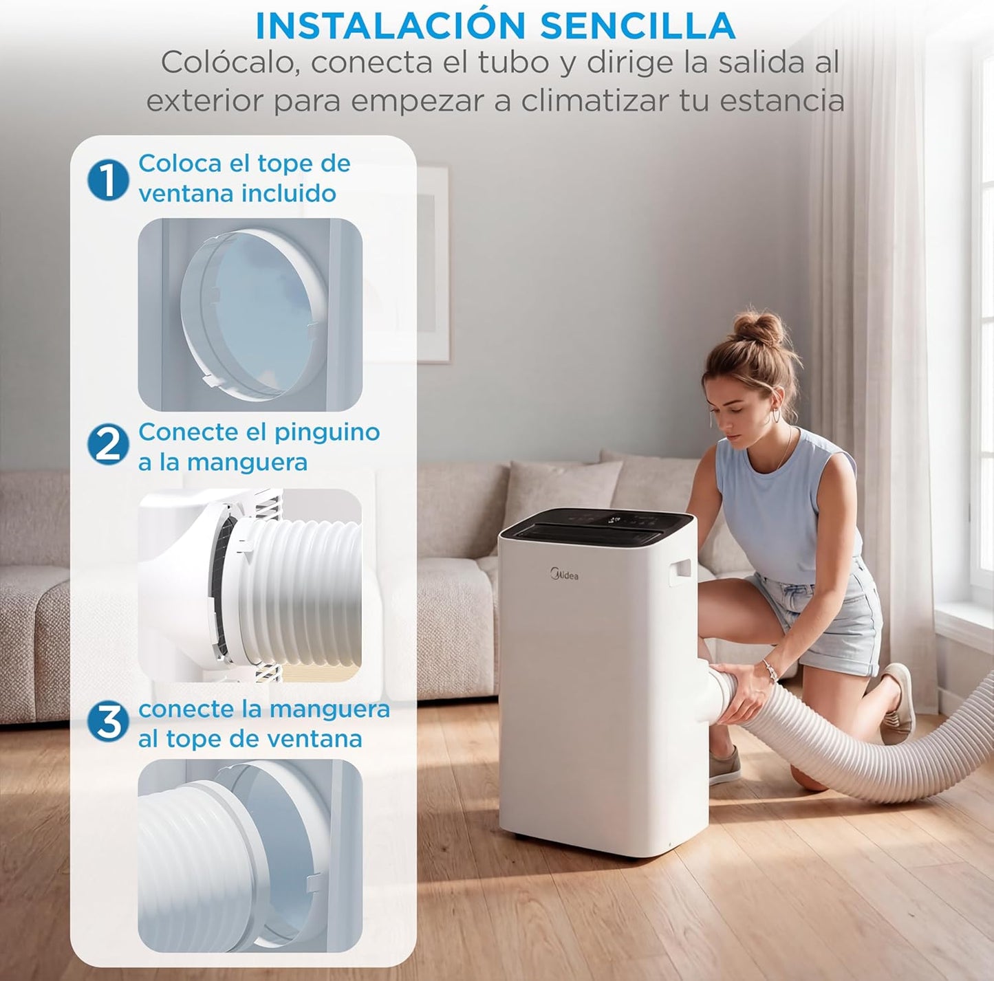 MIDEA Pingüino Aire Acondicionado Portátil 4 en 1 | 3000 Frigorías/12.000 BTU con Control por App | Climatizador y Deshumidificador hasta 35m2 - Modo Sleep, Mando a Distancia | Incluye kit de ventana [Clase de eficiencia energética A]
