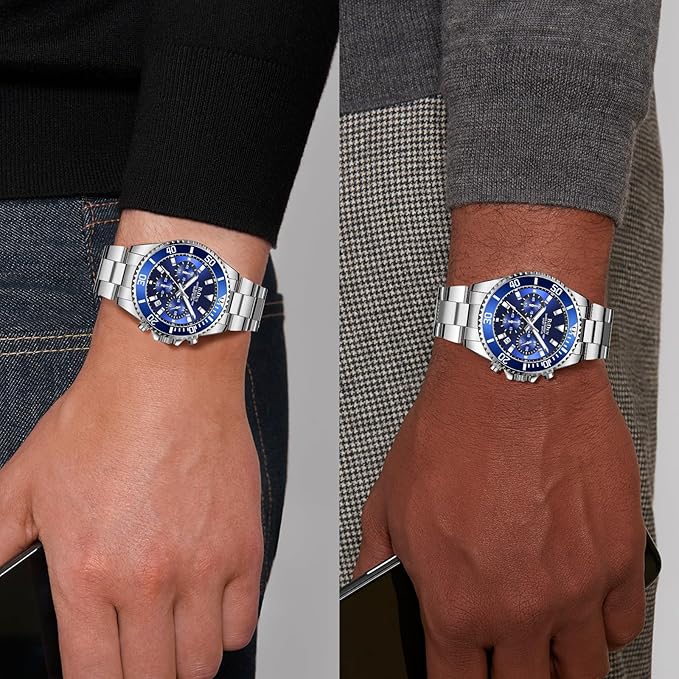 HANPOSH Reloj Hombre Cronógrafo de Acero Inoxidable Impermeable Fecha Analógica Reloj de Cuarzo de Negocios Casual Moda Relojes de Pulsera para Hombres