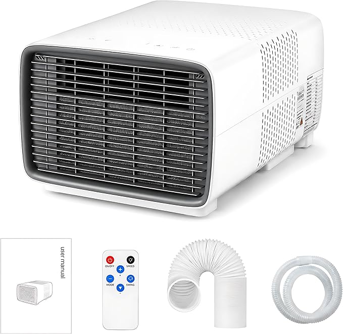 Aire Acondicionado Portátil 2700 BTU, 280W Bajo Consumo, 3 en 1 Enfriador, Deshumidificador y Ventilador con Compresor DC, Silencioso, Mando a Distancia para Camping y Caravana