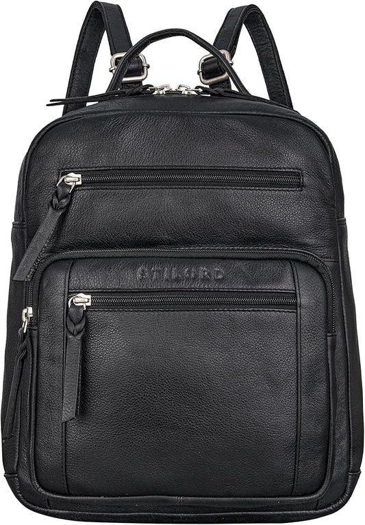 STILORD Wilma Elegante Mochila Mujeres Pequeña Mochila de Cuero Bolso Señoras Mochila de Cuero DIN A5 Vintage Bolso Citá Piel auténtica Color:Negro