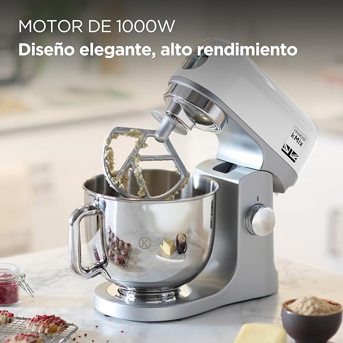 Kenwood kMix KMX750WH - Robot de Cocina Multifunción, 1000 W, Bol Metálico de 5 L con Asa, Gancho para Amasar, Varillas, Mezclado K, Acero Inoxidable, 6 Velocidades, Color Blanco